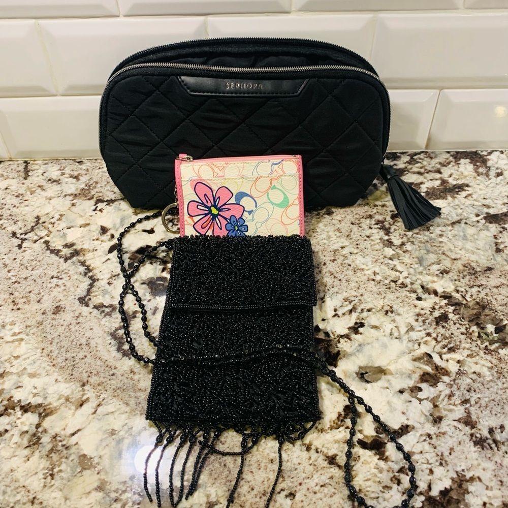 Coach Key ring, Beaded Boho Bag, Sephora Cosmetics Bag Bundle